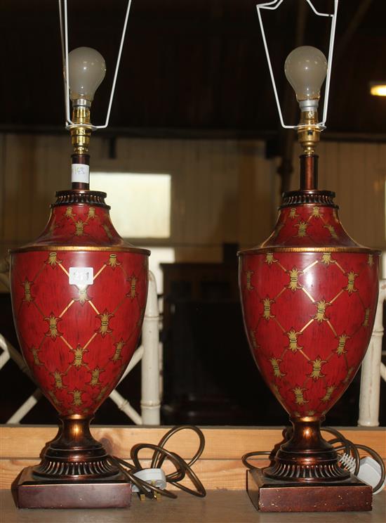 Pair red patterned table lamps